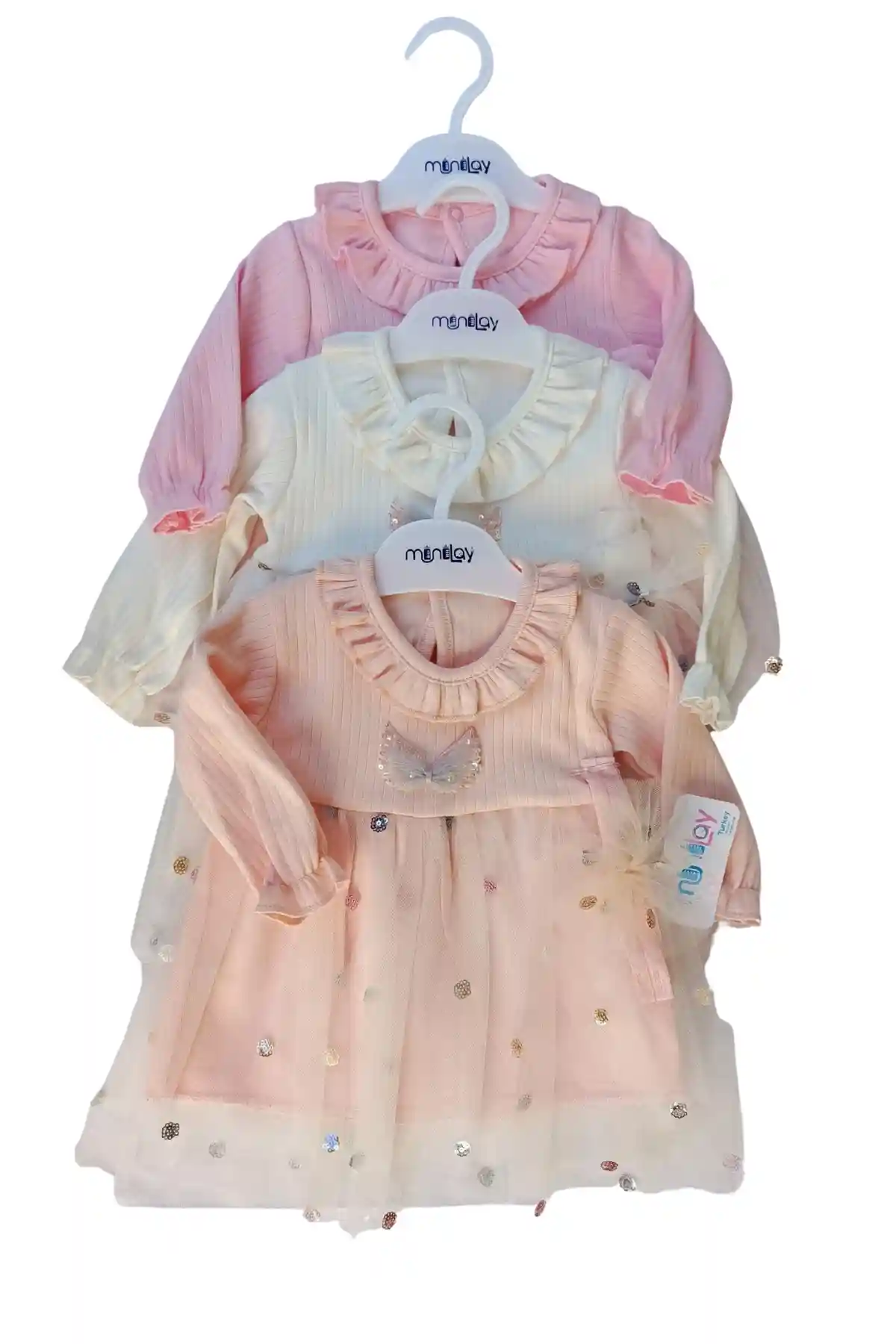 Pembe, beyaz ve somon renk seçenekleriyle tül etekli pullu bebek elbisesi